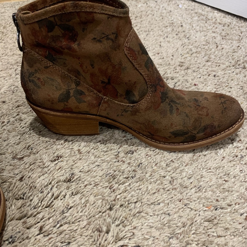 Sofft Brown Suede Ankle Booties with Subtle Floral Print - Picture 3 of 7